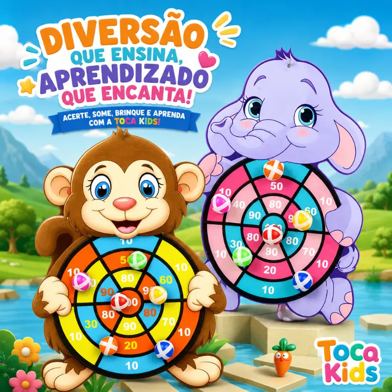 Personagens macaco e elefante do Alvo Ball, jogo de mira infantil educativo com bolinhas de velcro.