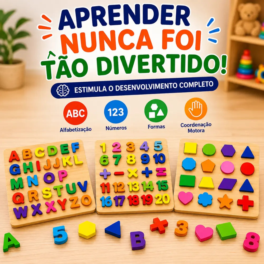 Kit educativo 3 em 1 para aprender alfabeto, números e formas brincando