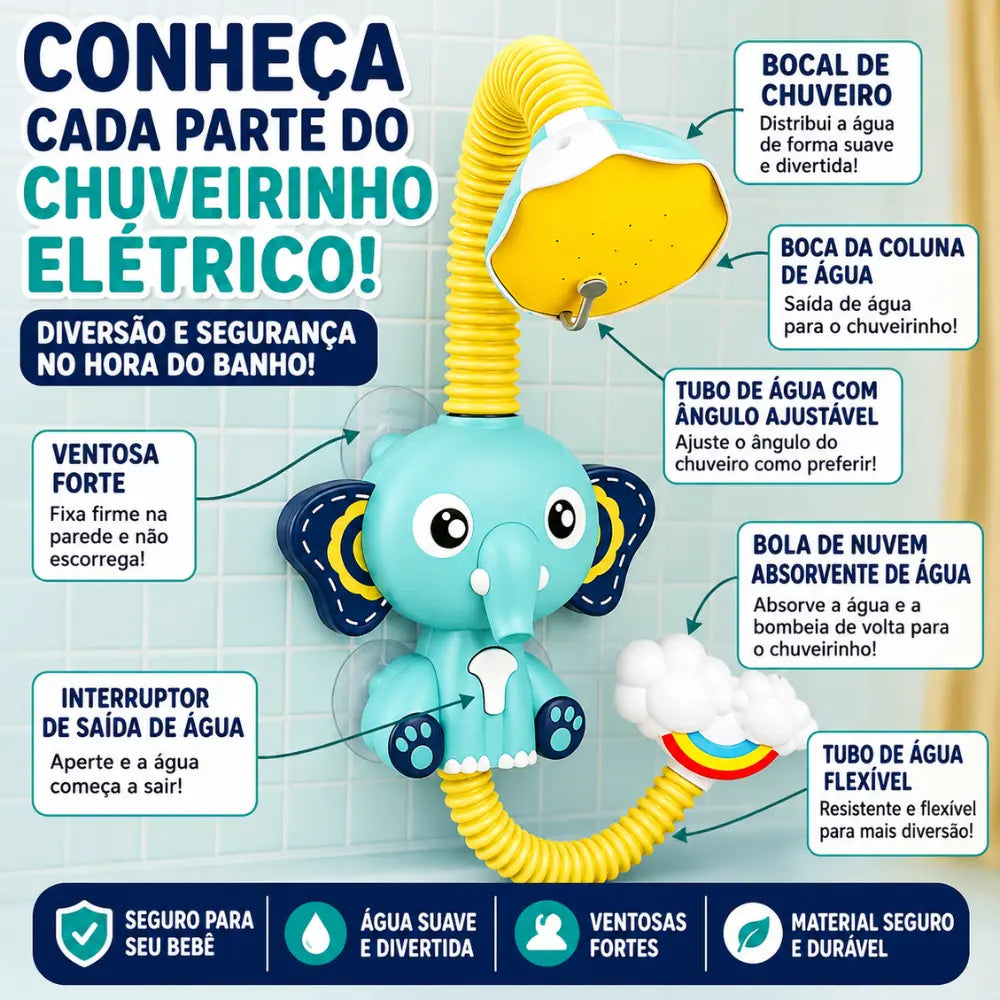 Detalhes e componentes do chuveirinho infantil elétrico AquaElefante