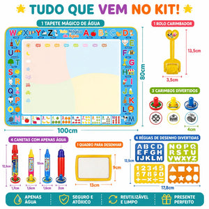 Conteúdo do AquaMagic Kids com tapete de desenho, canetas, carimbos, moldes e acessórios