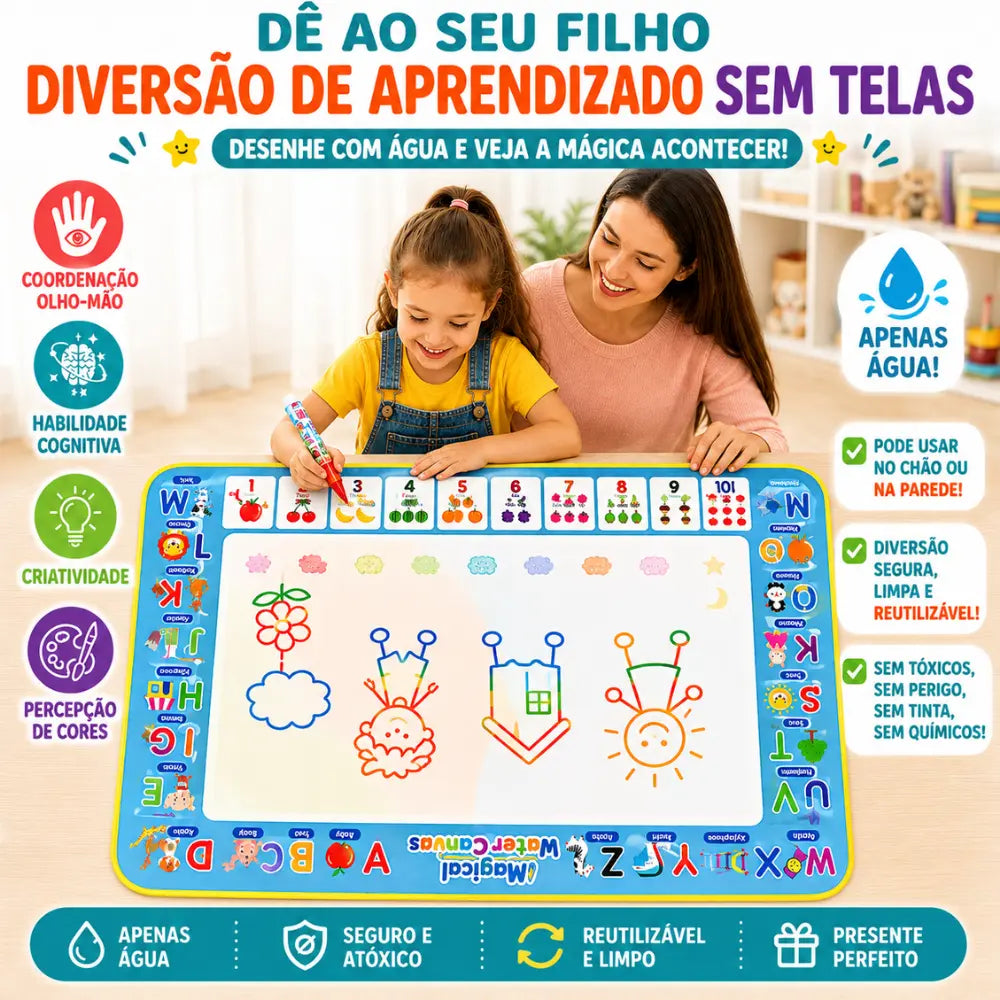 Criança usando AquaMagic Kids para desenhar com água e estimular brincadeiras sem telas