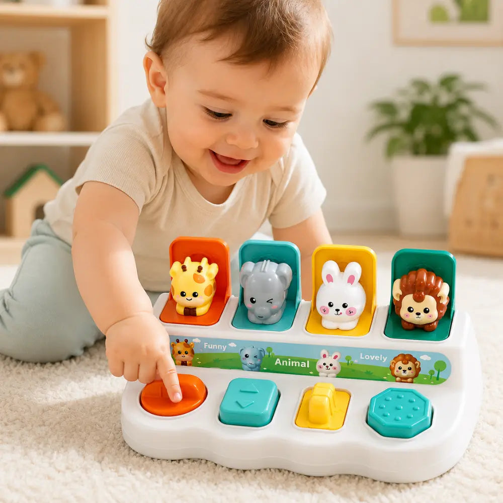 Bebê brincando com brinquedo Pop-Up de animais e explorando os botões interativos