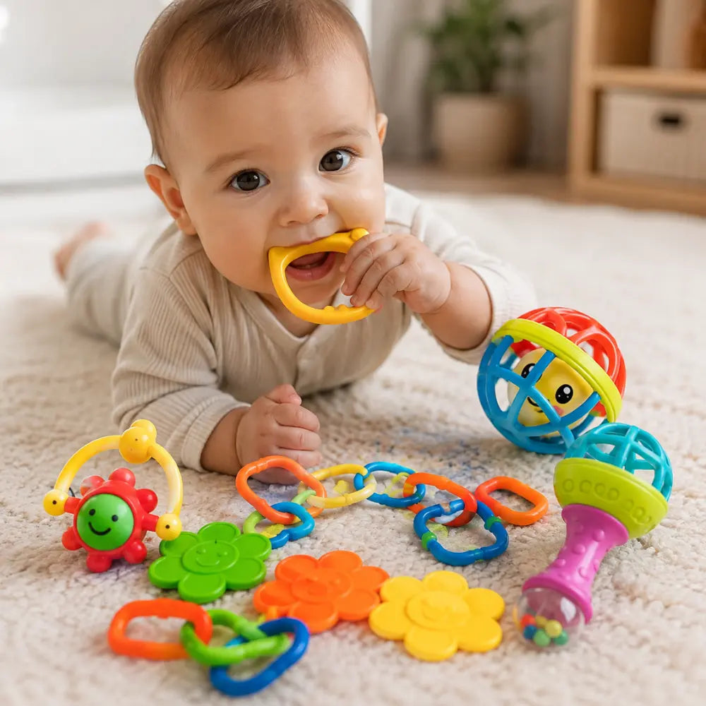Bebê brincando com Kit Sensorial Baby de 8 peças coloridas