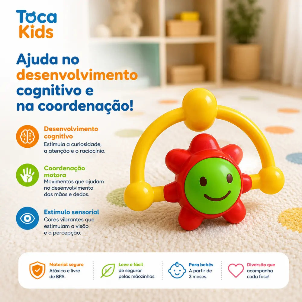 Chocalho colorido para bebê com formato de sol e pegador amarelo
