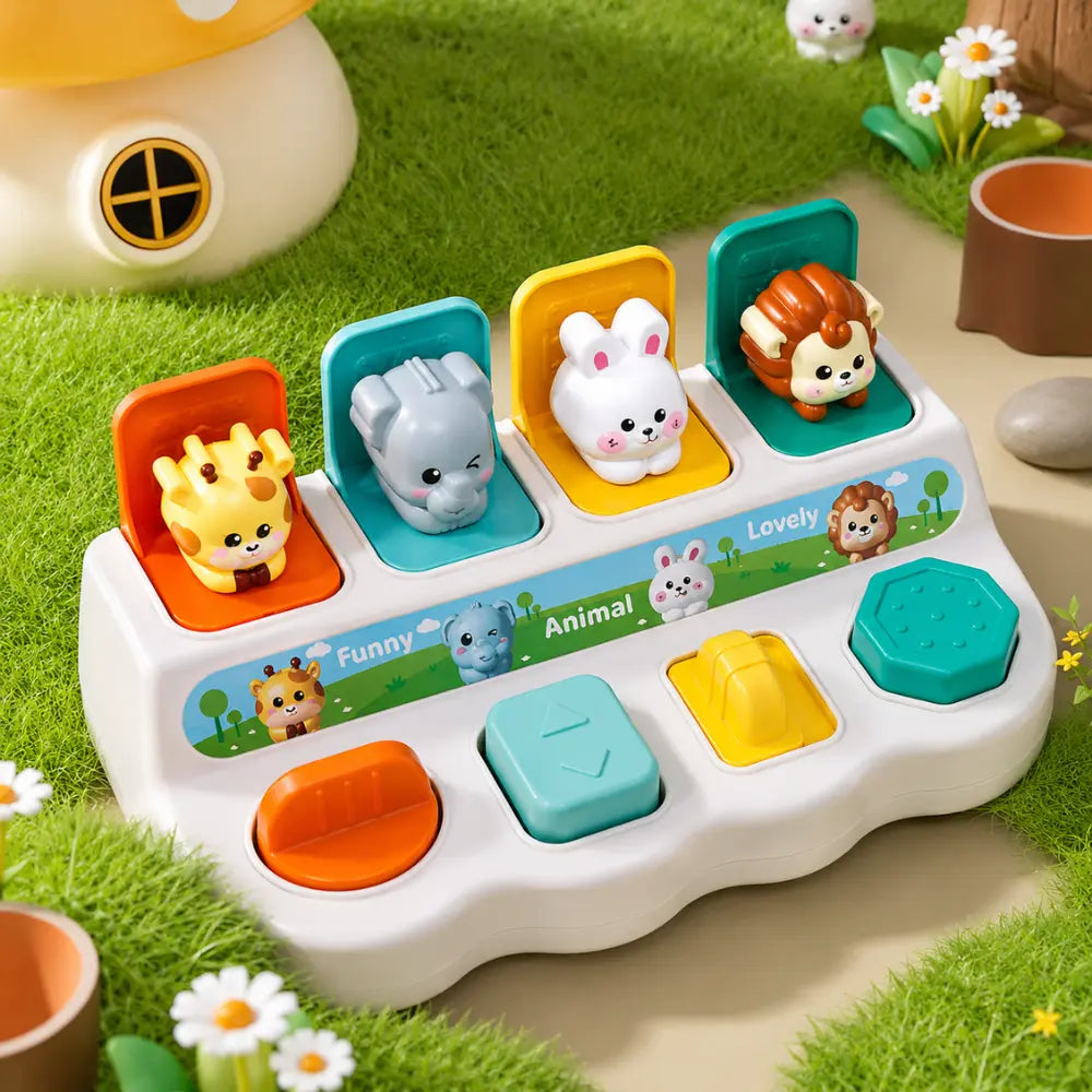 Brinquedo educativo Pop-Up com girafa, elefante, coelho e leão