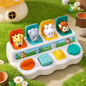 Brinquedo educativo Pop-Up com girafa, elefante, coelho e leão