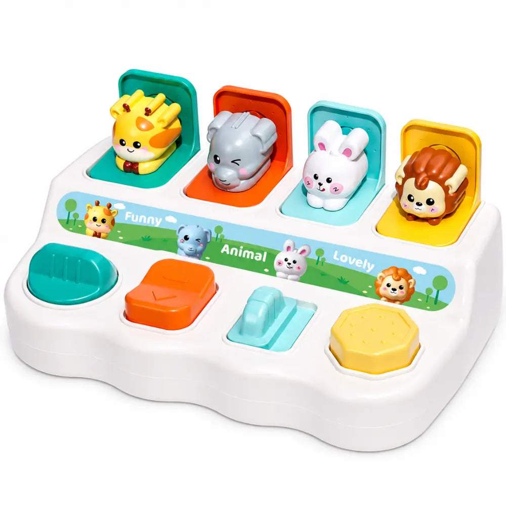Brinquedo Pop-Up de animais educativo infantil com quatro botões interativos