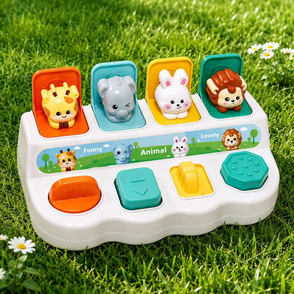 Brinquedo Pop-Up de animais interativo em cenário infantil ao ar livre