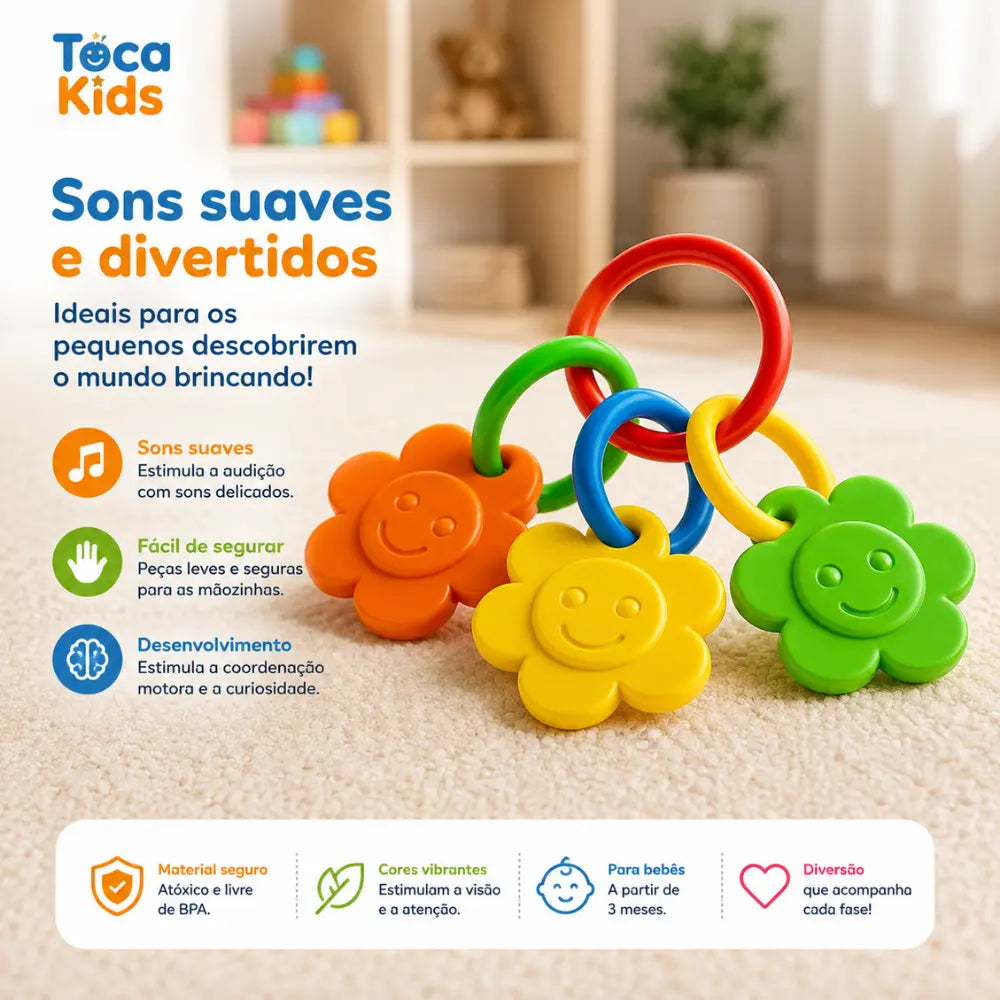 Brinquedo sensorial para bebê com flores coloridas e elementos sonoros