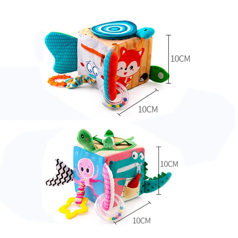 Cubo de Atividades de Pelúcia Sensorial com Chocalho e Mordedor para Bebê