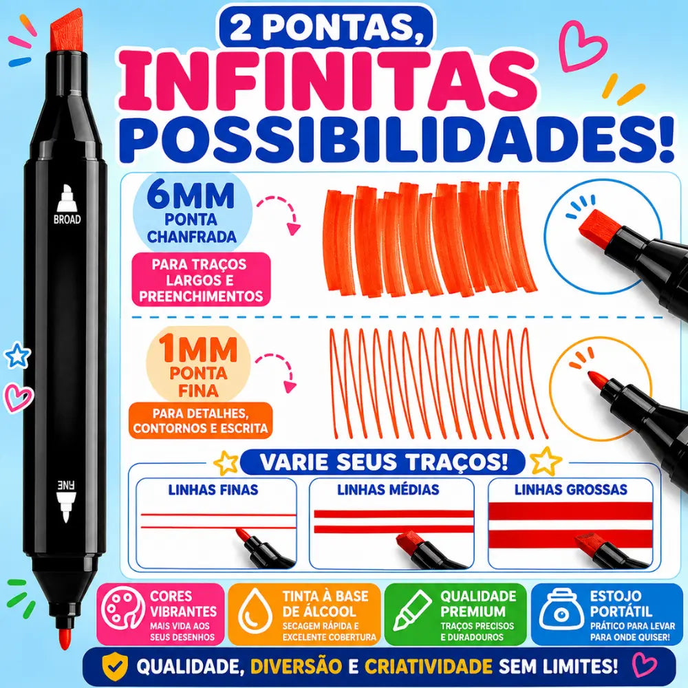 Canetinha dupla ponta com ponta chanfrada de 6 mm e ponta fina de 1 mm