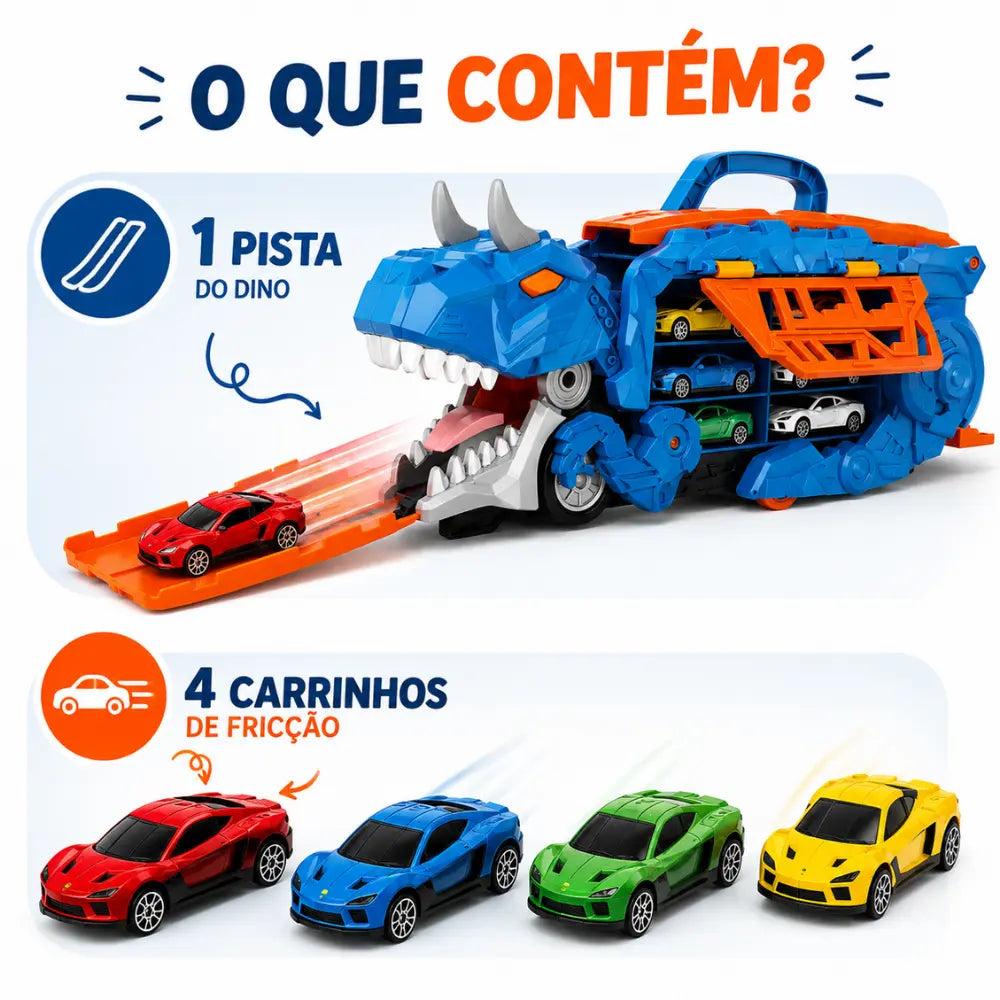 Conteúdo do Dino Truck com pista e 4 carrinhos de fricção