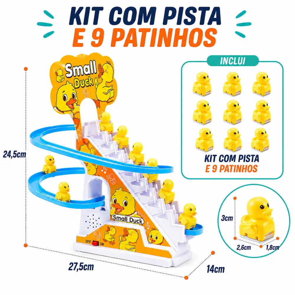 Escorregador de patinhos kit com pista e 9 patinhos com medidas do brinquedo