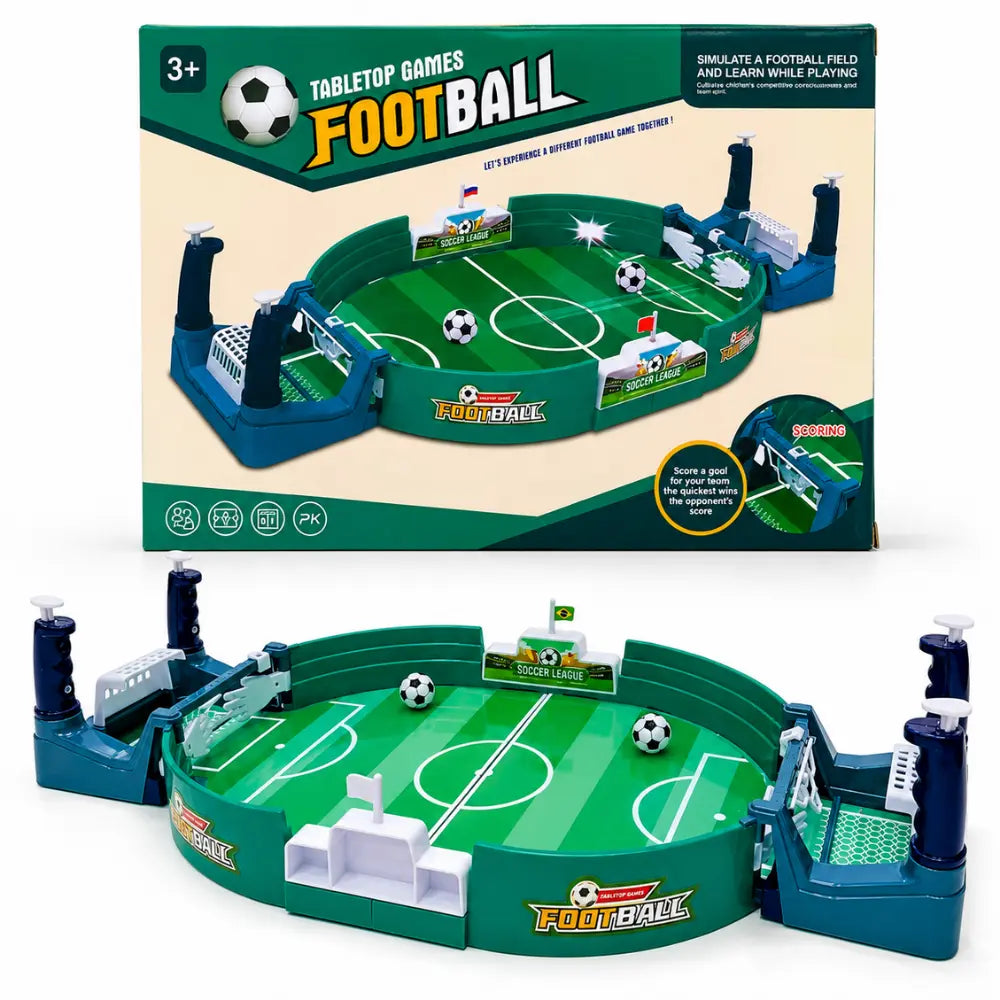 Jogo de futebol de mesa infantil com campo, controles e caixa do produto