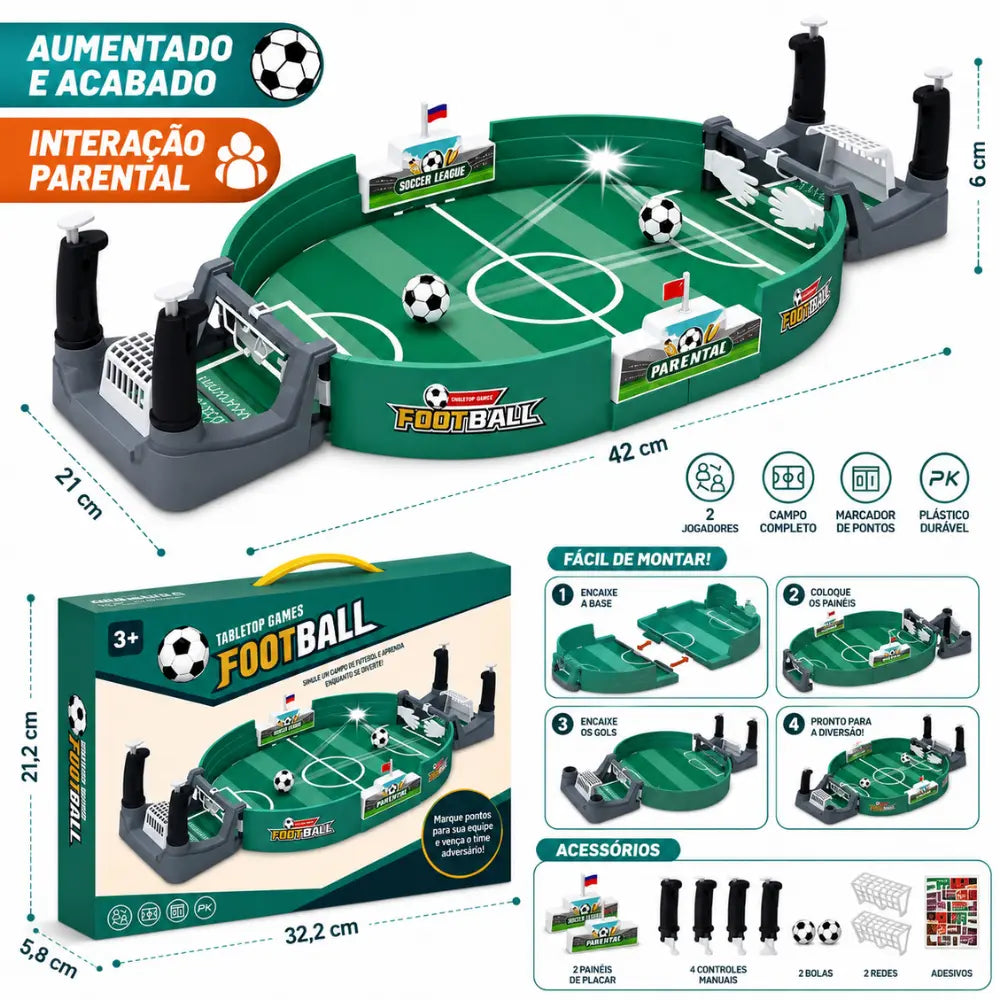 Futebol de mesa infantil com medidas, acessórios e peças para montagem