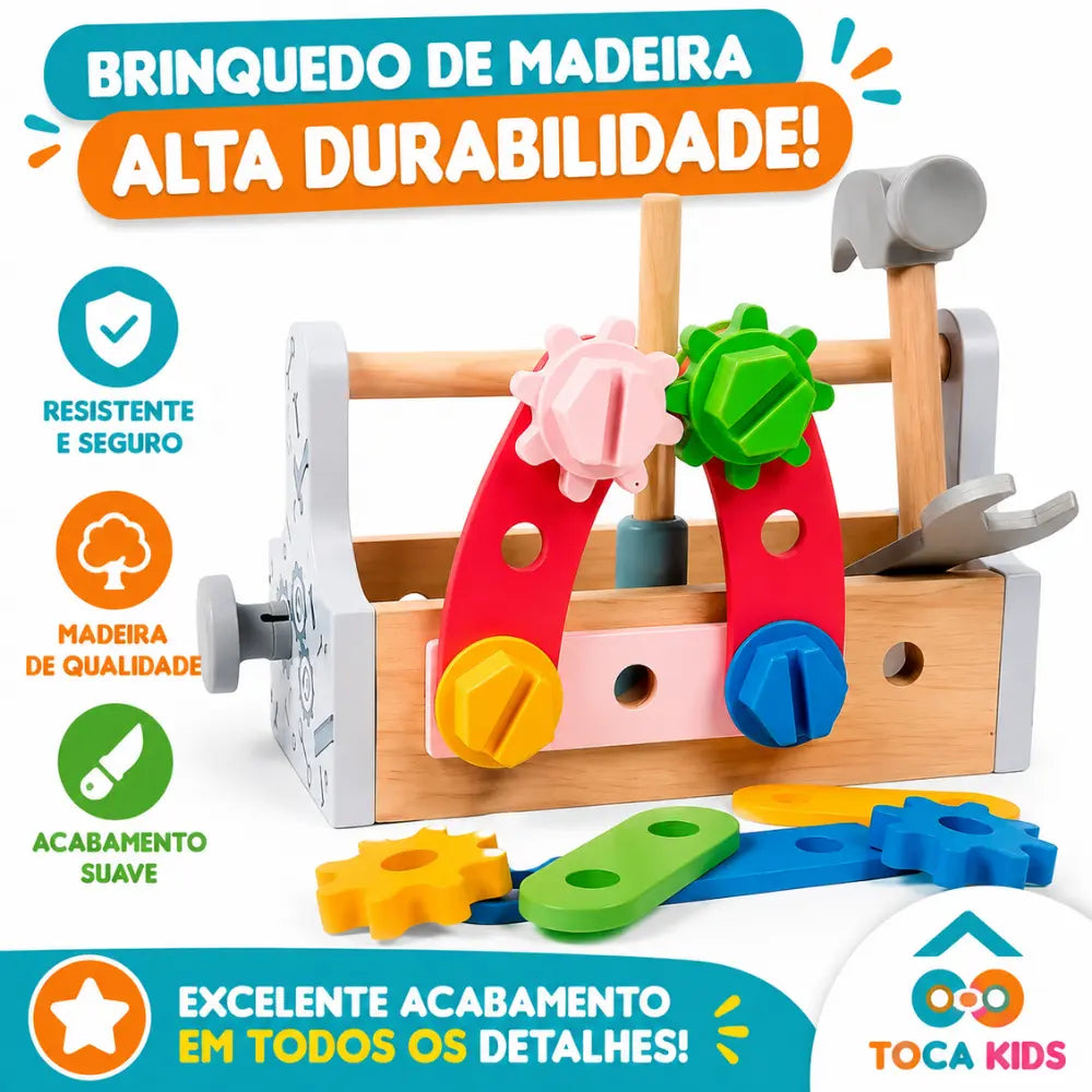 Kit de ferramentas infantil de madeira com martelo, chave e peças de montar