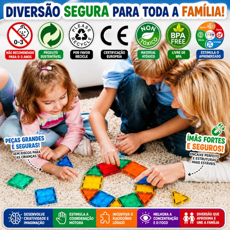 Magnetix Kids com material atóxico, bordas arredondadas e ímãs fortes para crianças.