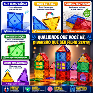 Peças magnéticas Magnetix Kids fabricadas em plástico ABS premium com ímãs reforçados.