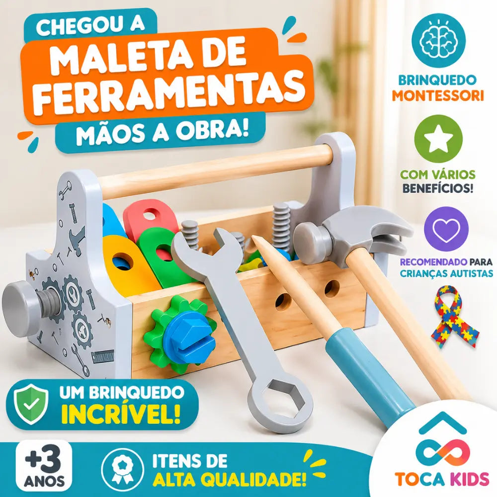 Maleta de ferramentas Montessori infantil com martelo, chave, parafusos e peças