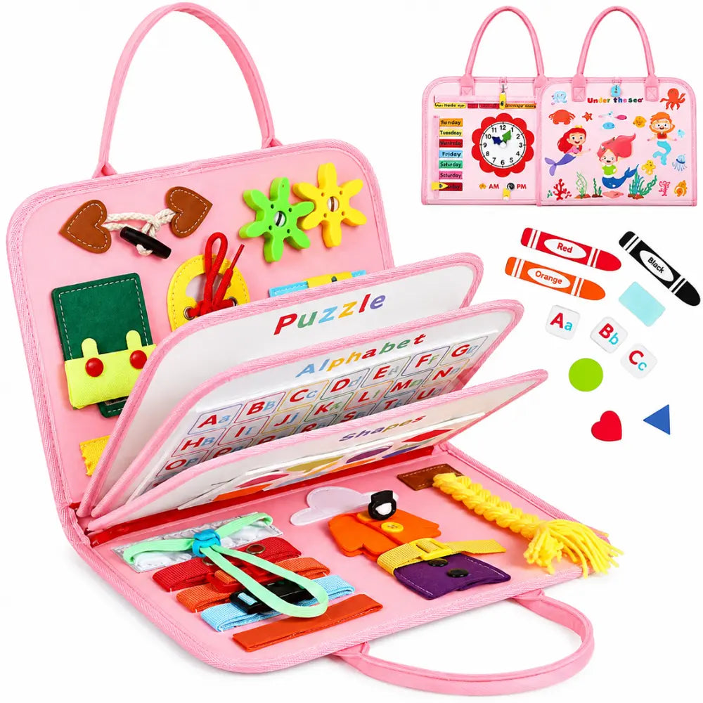 Maleta Montessori sensorial rosa com atividades educativas, alfabeto, formas, encaixes e coordenação motora