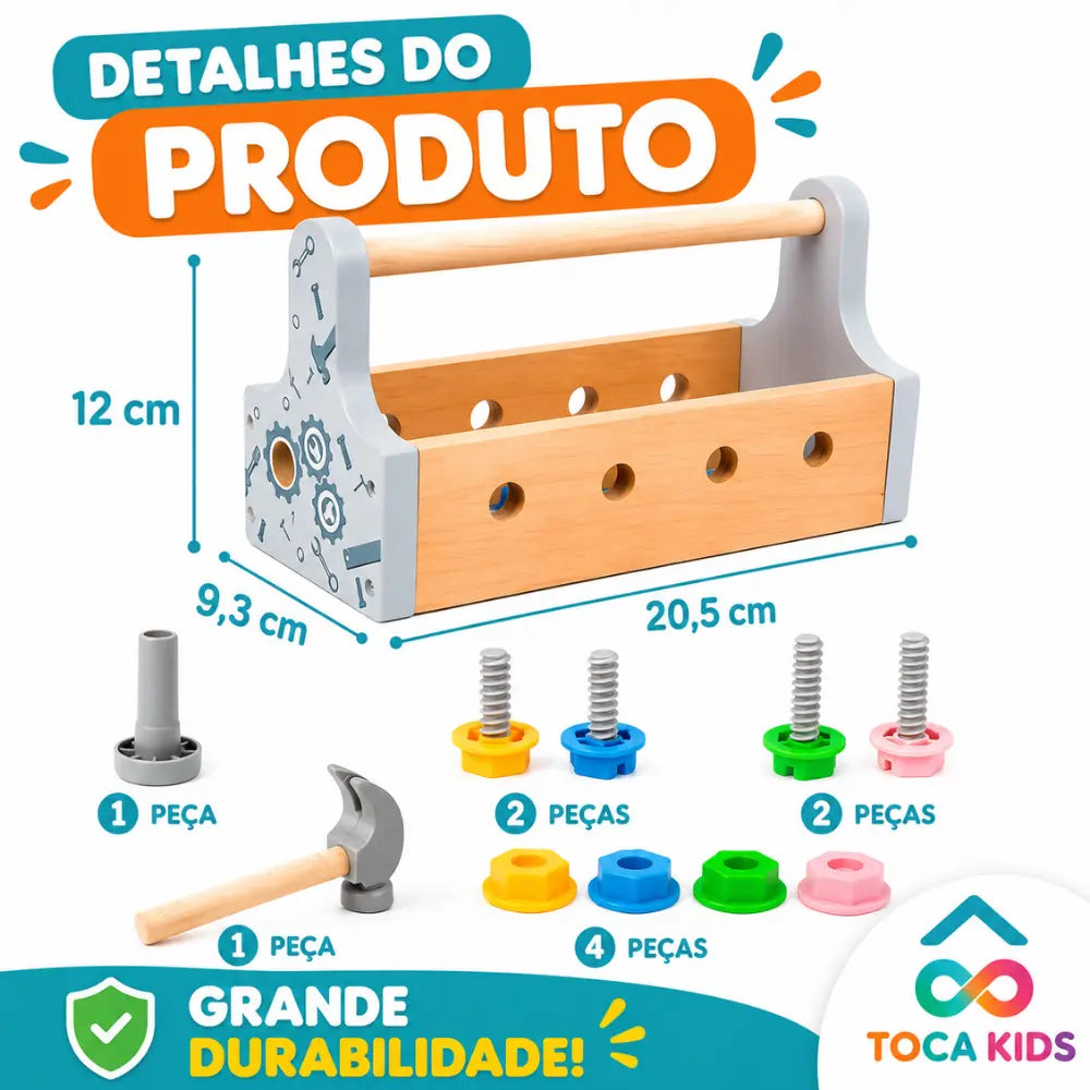 Medidas e detalhes do kit de ferramentas Montessori infantil de madeira