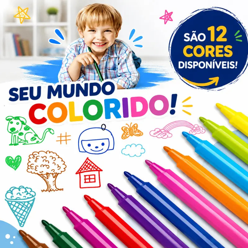 Kit com 12 canetinhas coloridas para desenhar e pintar com a Mesinha Magic Kids