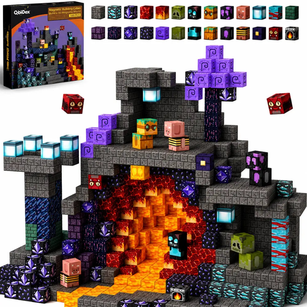 Cenário de lava e aventura construído com blocos magnéticos MundoCraft Kids