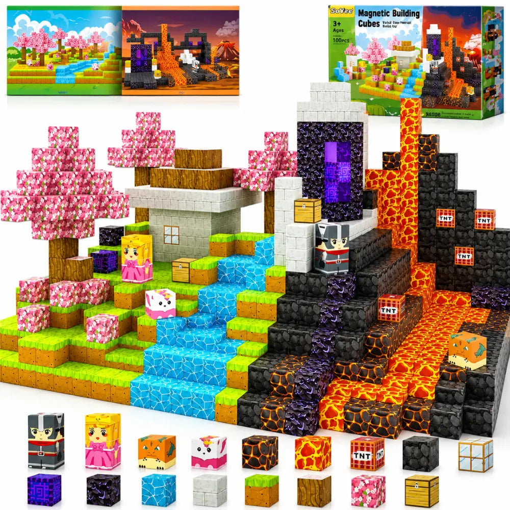 Cenários de natureza e lava feitos com blocos magnéticos MundoCraft Kids