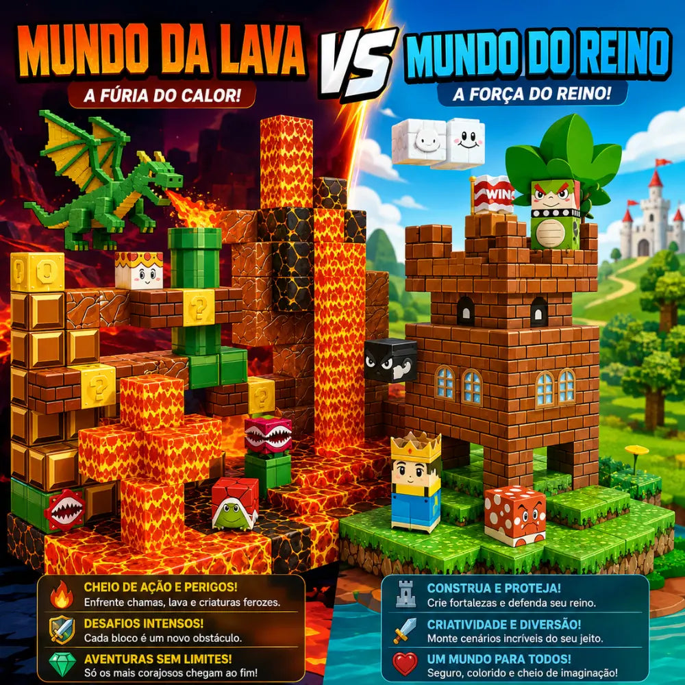 Mundo da Lava e Mundo do Reino construídos com blocos magnéticos MundoCraft Kids