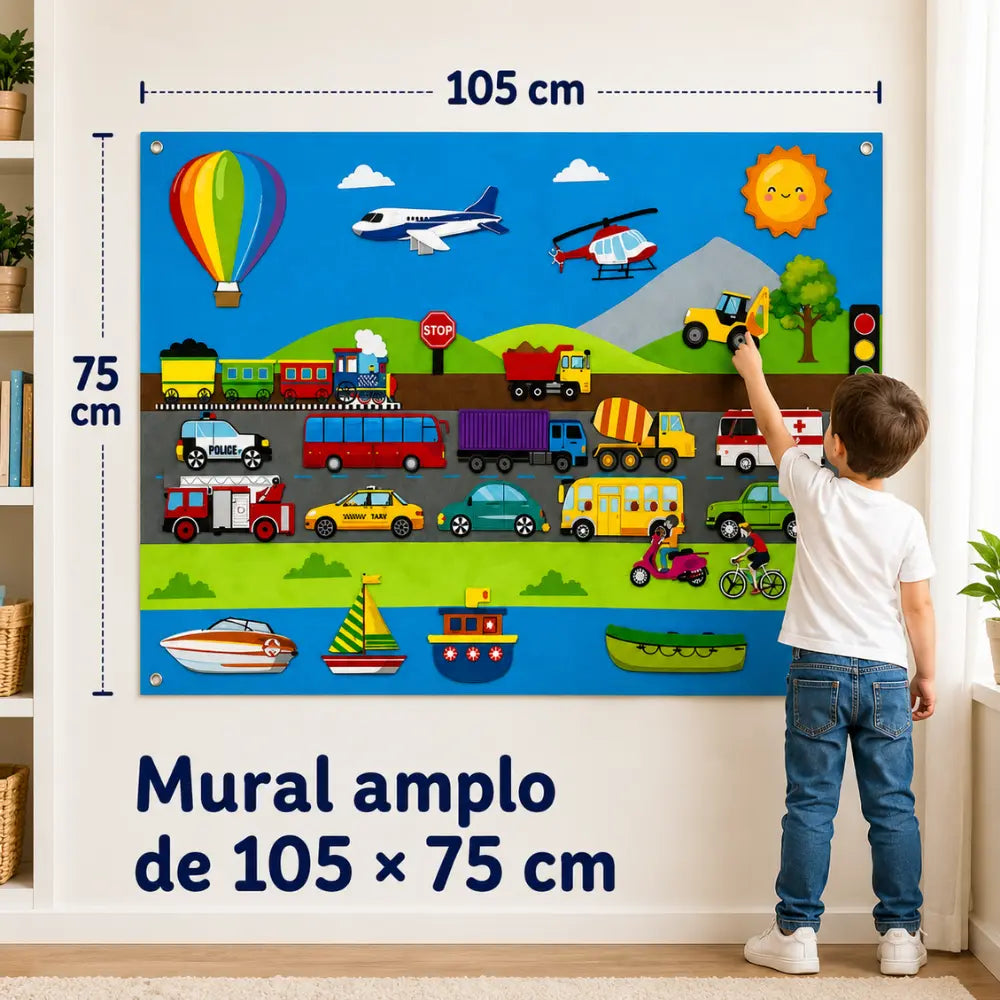 Criança brincando com Mural Aprender de feltro interativo de 105 por 75 cm