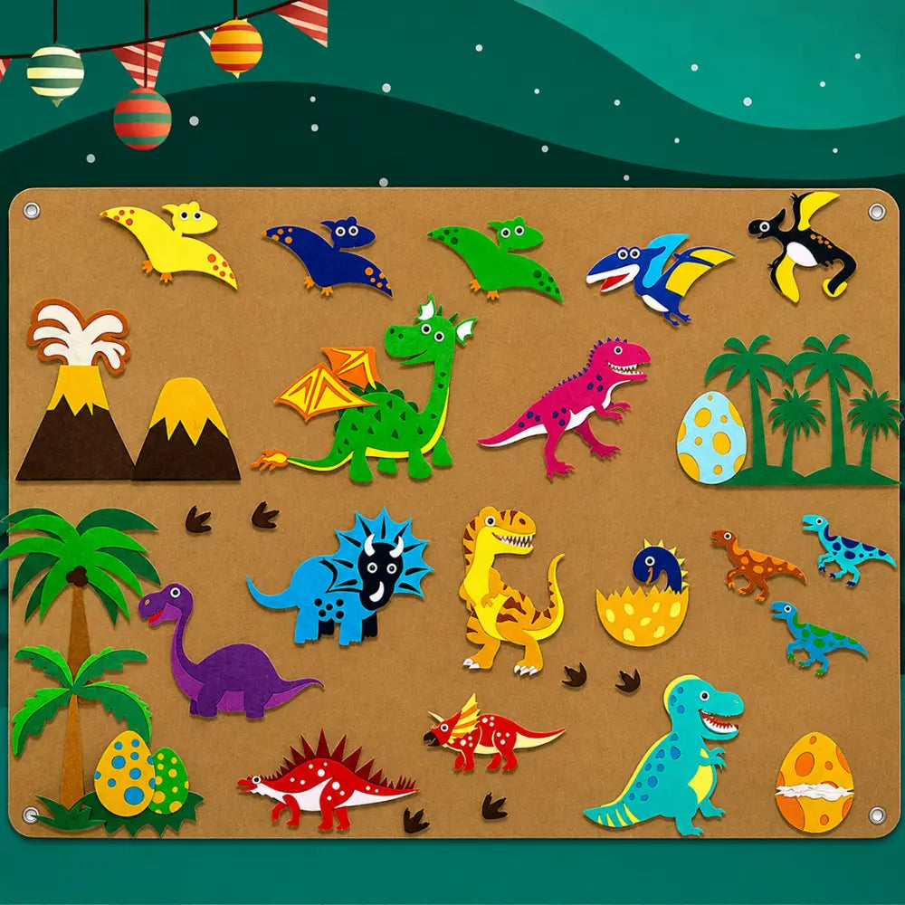 Mural Aprender tema dinossauros com figuras coloridas de feltro para brincadeira interativa