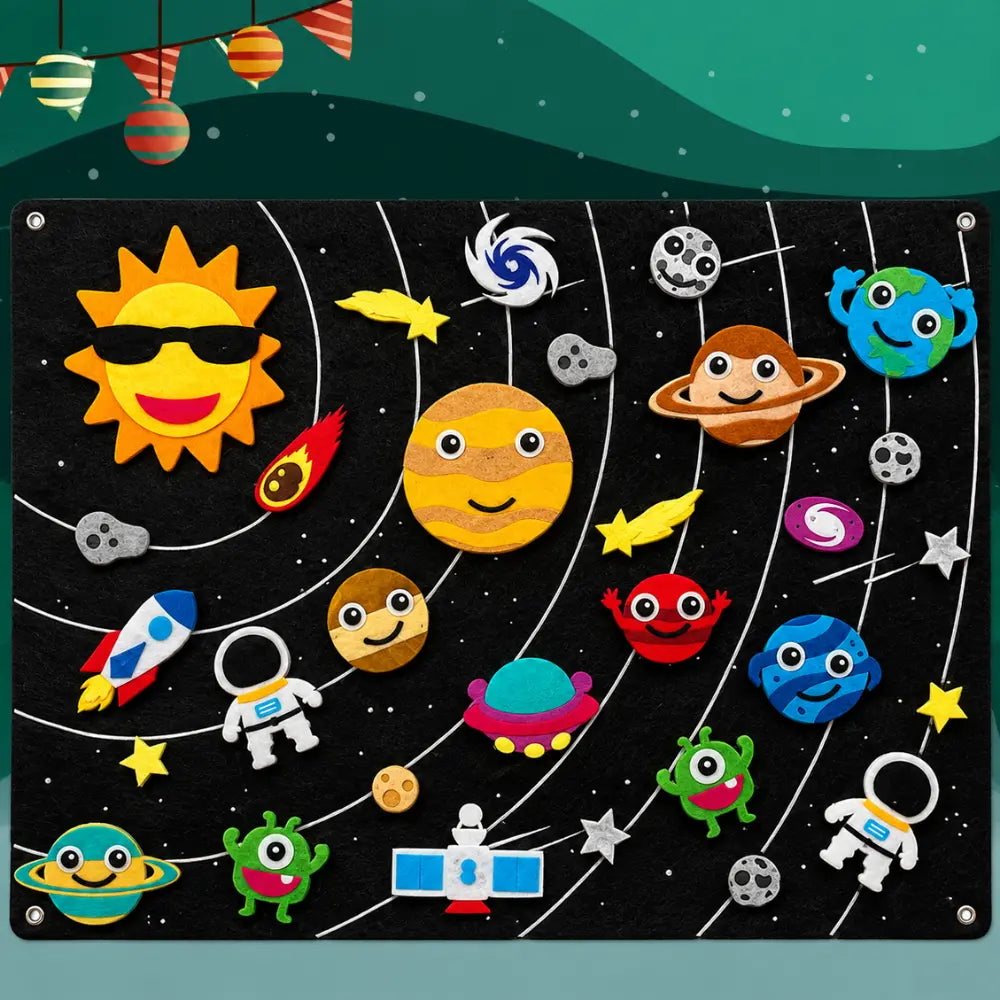 Mural Aprender tema espaço com planetas, astronautas, foguete e figuras de feltro