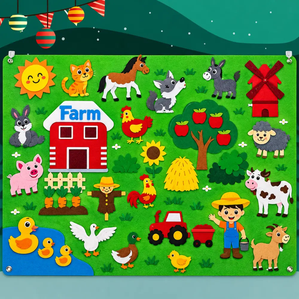 Mural Aprender tema fazenda com animais, celeiro, trator e peças coloridas de feltro