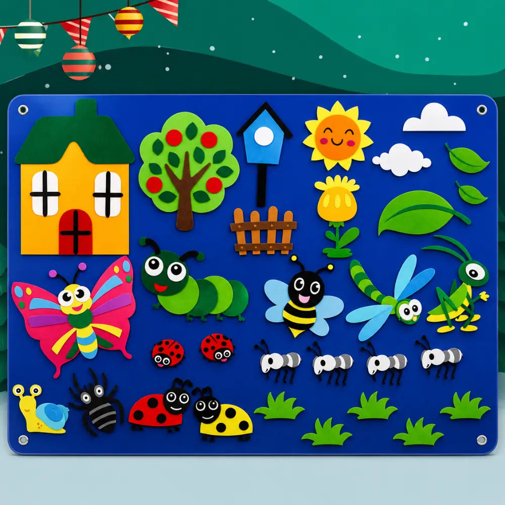Mural Aprender tema insetos com borboleta, abelha, formigas e figuras de feltro