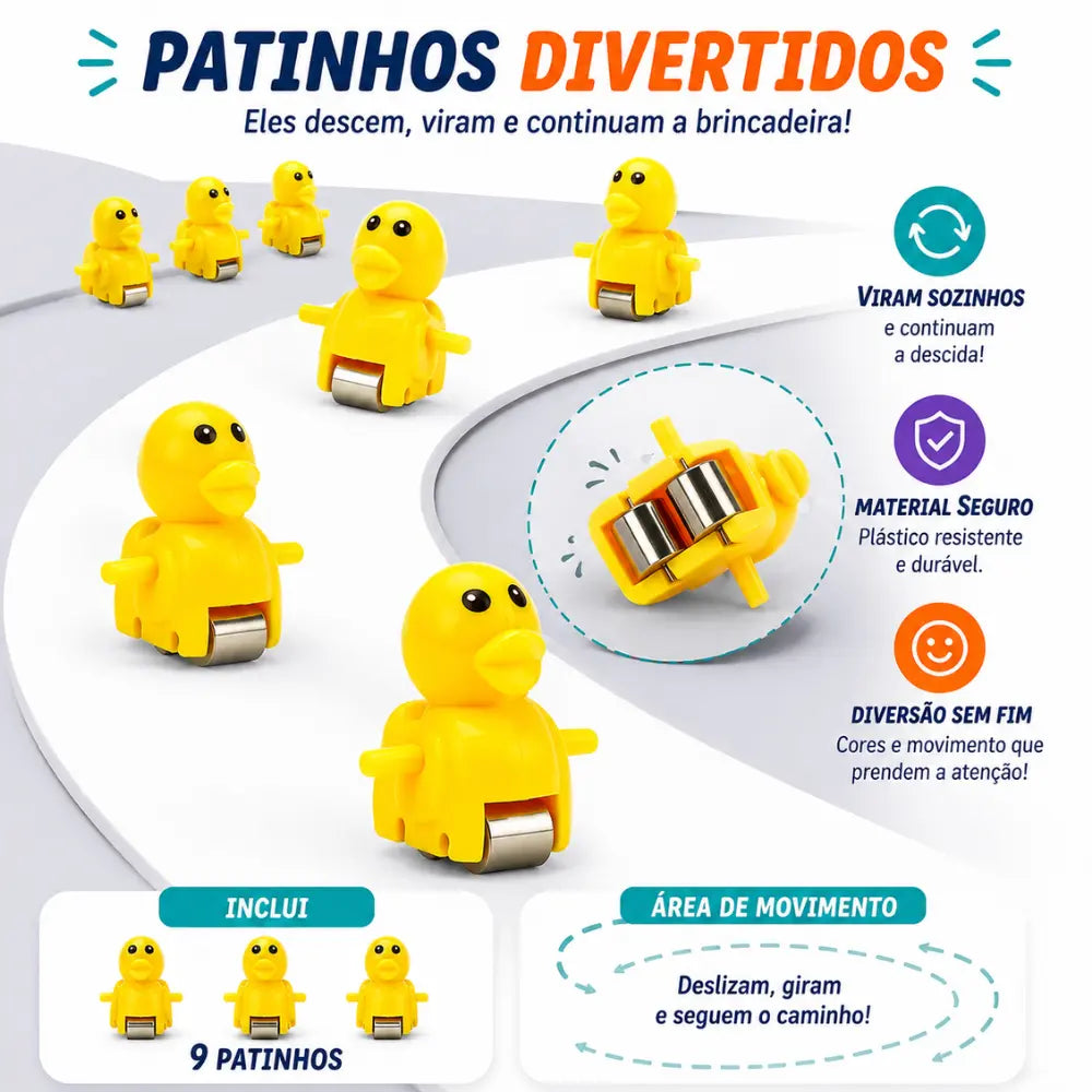Patinhos interativos percorrendo a pista do brinquedo infantil