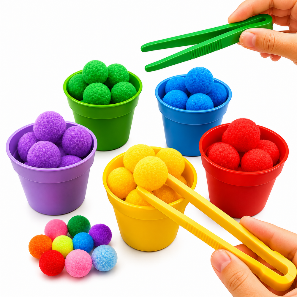 PegaCores kit Montessori de cores com pinça, potes e pompons coloridos