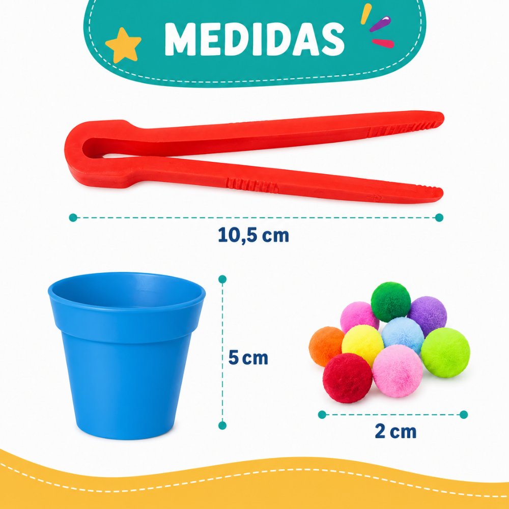 Medidas do PegaCores com pinça de 10,5 cm, potes de 5 cm e pompons de 2 cm