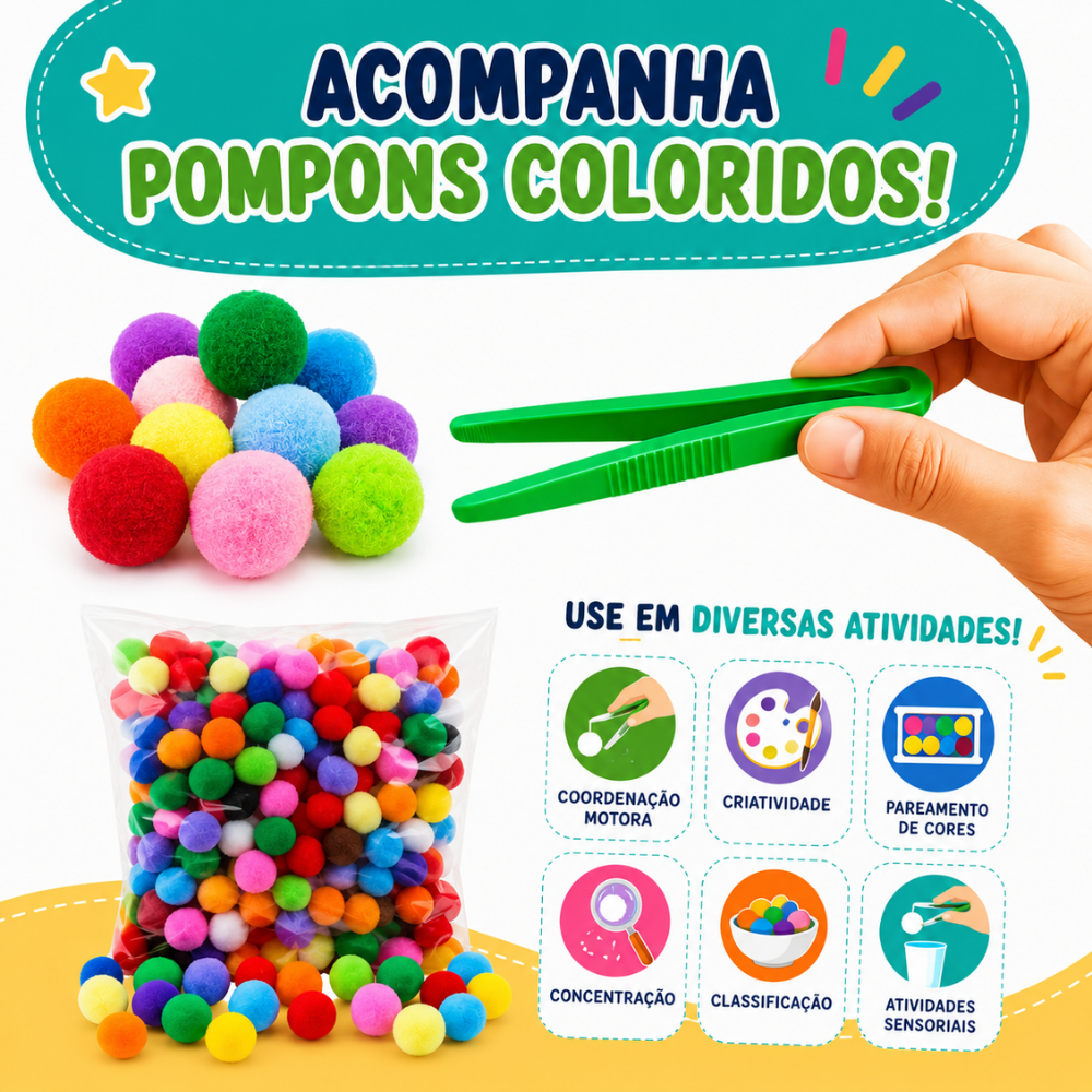 Pompons coloridos para atividades de classificação com a pinça do PegaCores