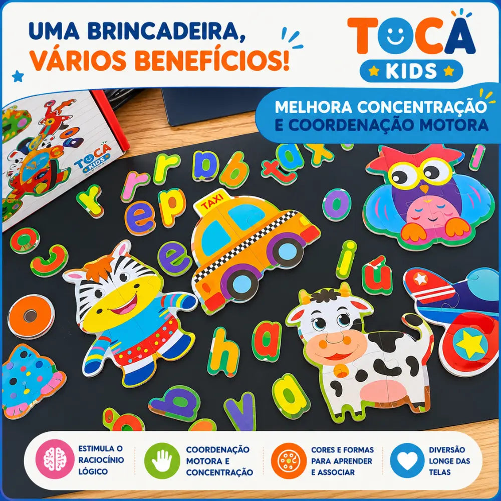 Quebra-cabeça infantil com animais e letras que estimula concentração e coordenação motora