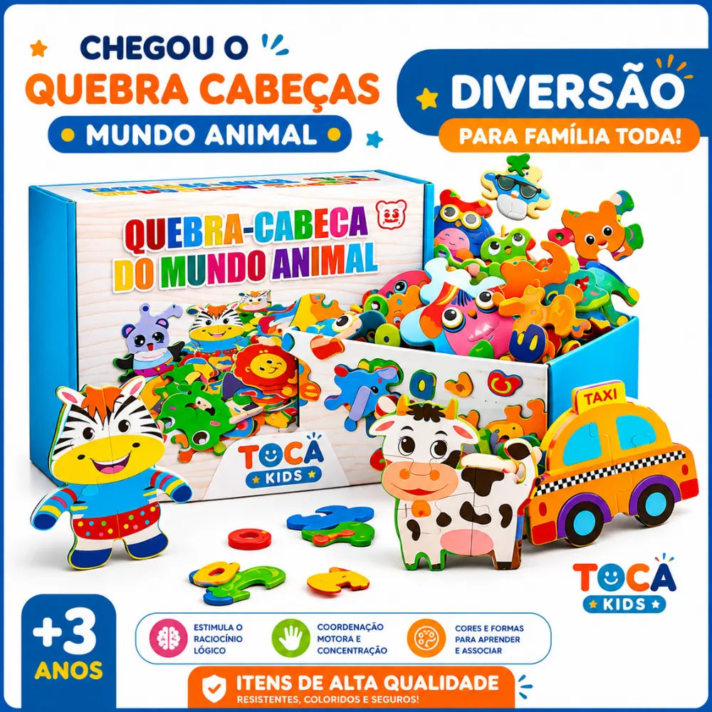 Quebra-Cabeça Mundo Animal brinquedo educativo infantil com 62 peças e figuras de animais