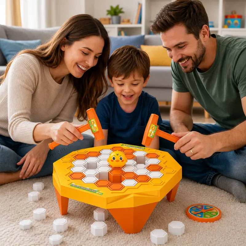 Família reunida brincando com o jogo educativo Salve o Pinguim™, incentivando interação e diversão.