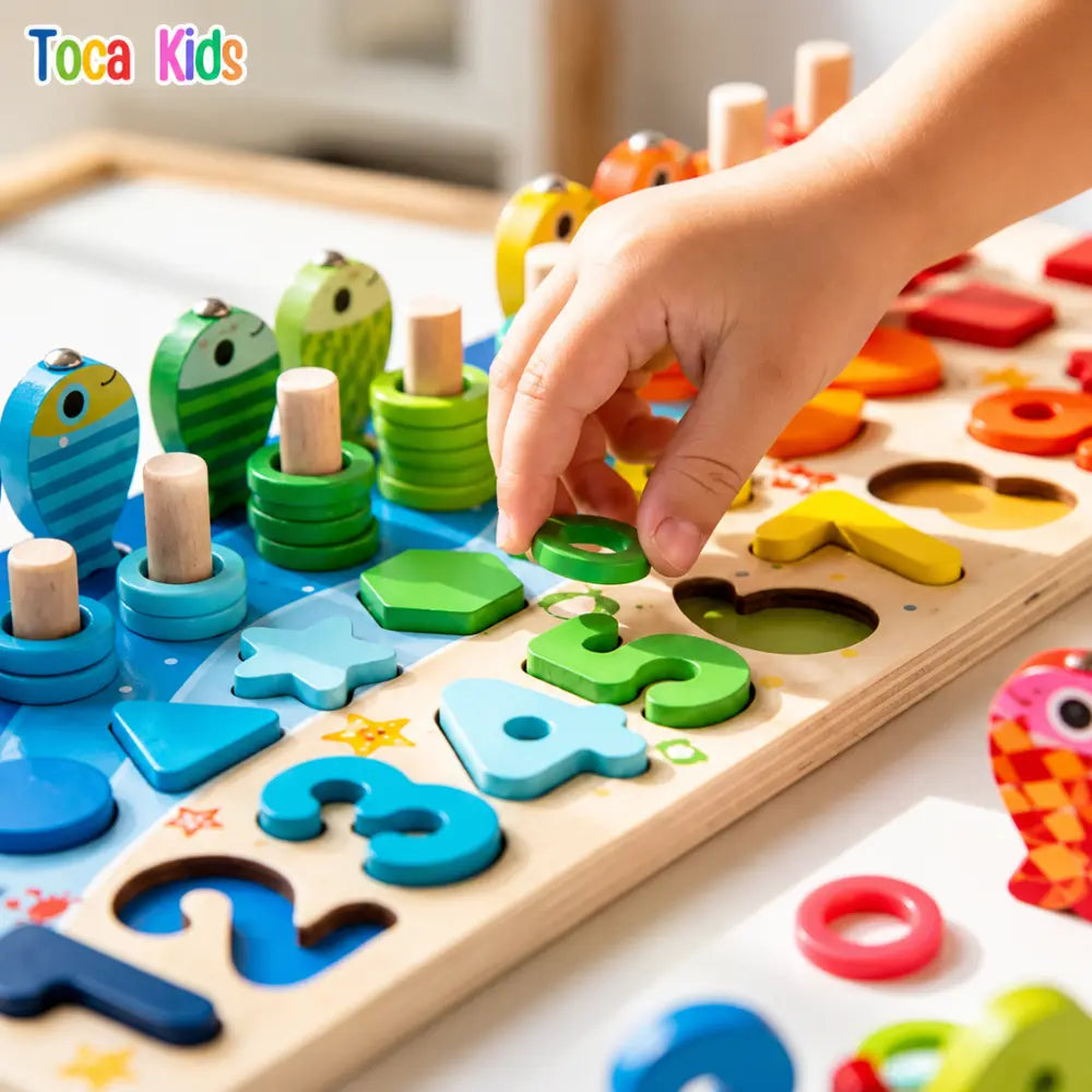 Tabuleiro Montessori educativo para coordenação motora com números e formas geométricas