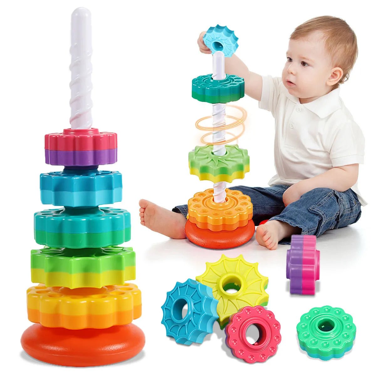 Torre Giratória de Empilhar Colorida Montessori - Brinquedo Sensorial Educativo