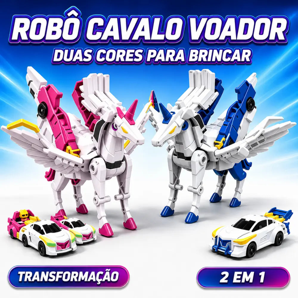 TransformaCar nas cores azul e rosa com carrinhos e cavalos voadores transformáveis