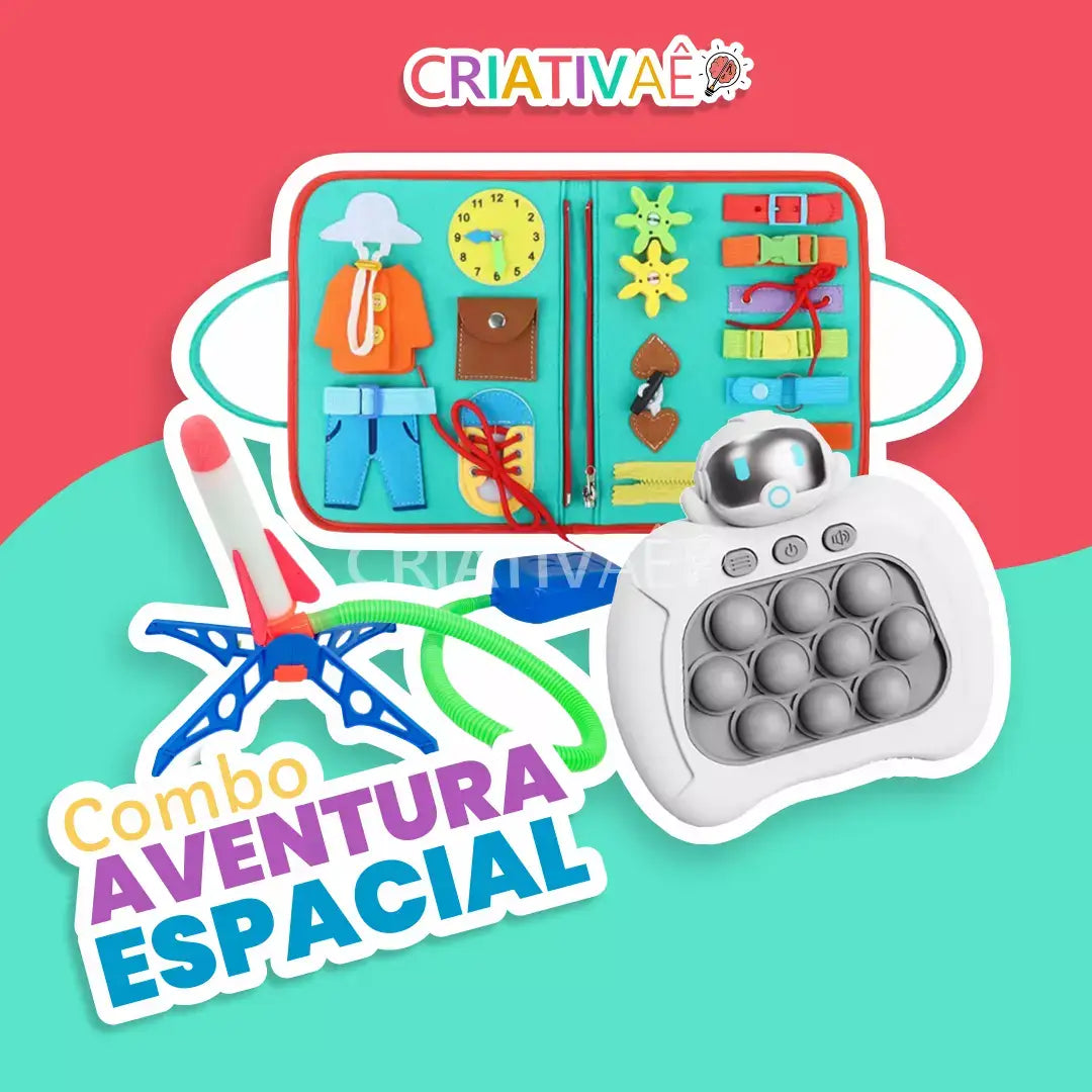 Combo Aventura Espacial (PopIt Eletrônico Astronauta + Livro Montessori EducaSpace + Lançador de Foguete SpaceRocket)