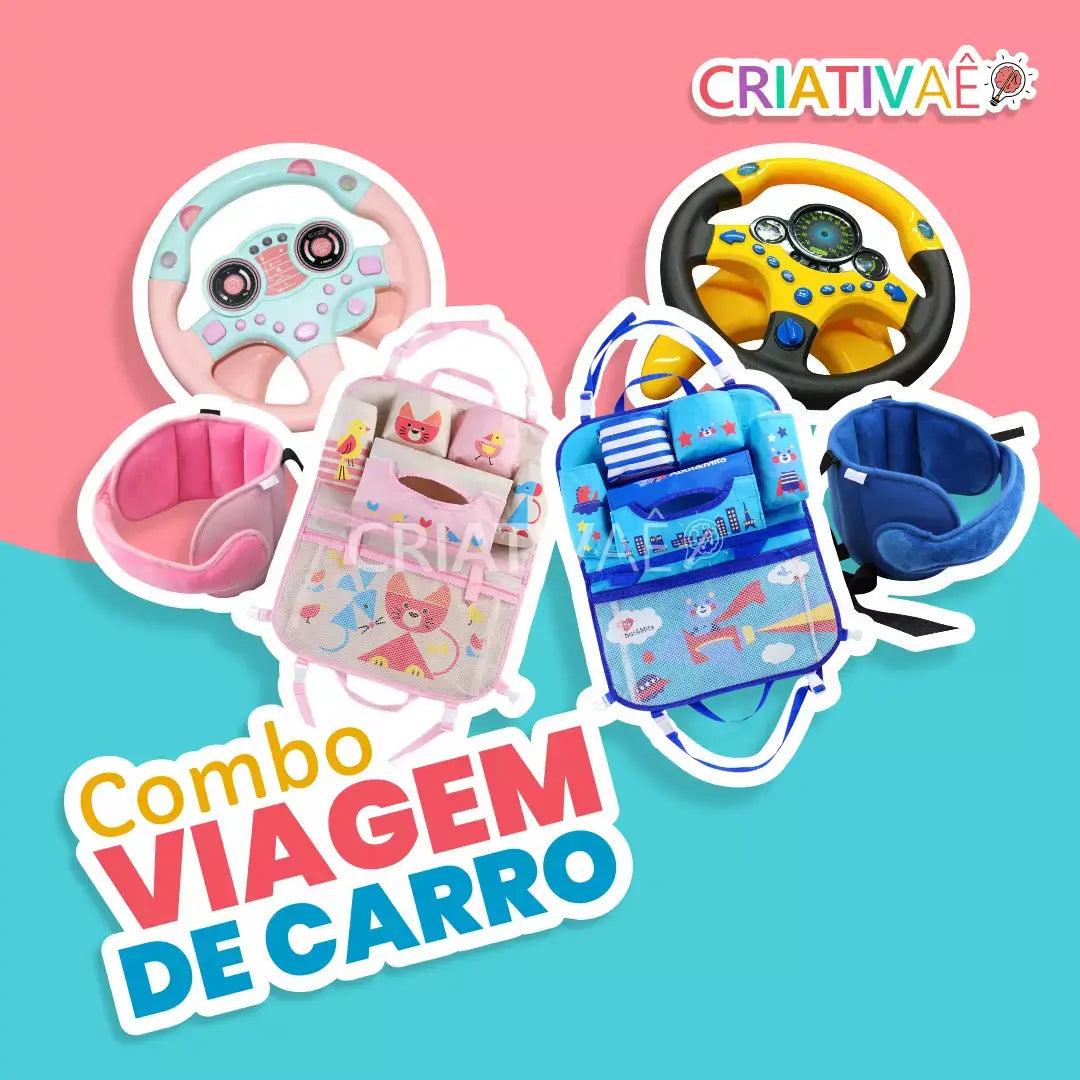 Combo Viagem de Carro (Organizador de carro + Almofada para cabeça + Volante Interativo)