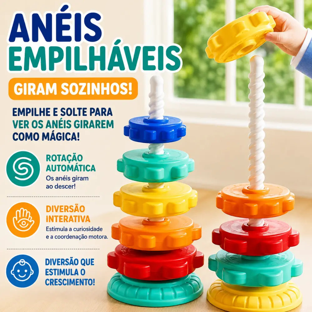 Anéis empilháveis que giram ao descer pela torre infantil