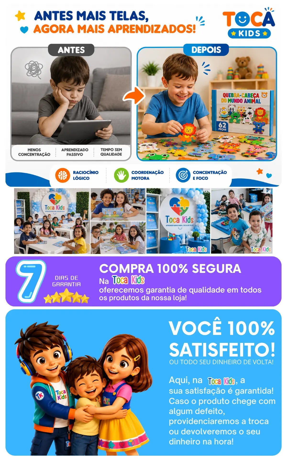 Antes e depois mostrando criança trocando o tempo de tela por brincadeira com quebra-cabeça educativo