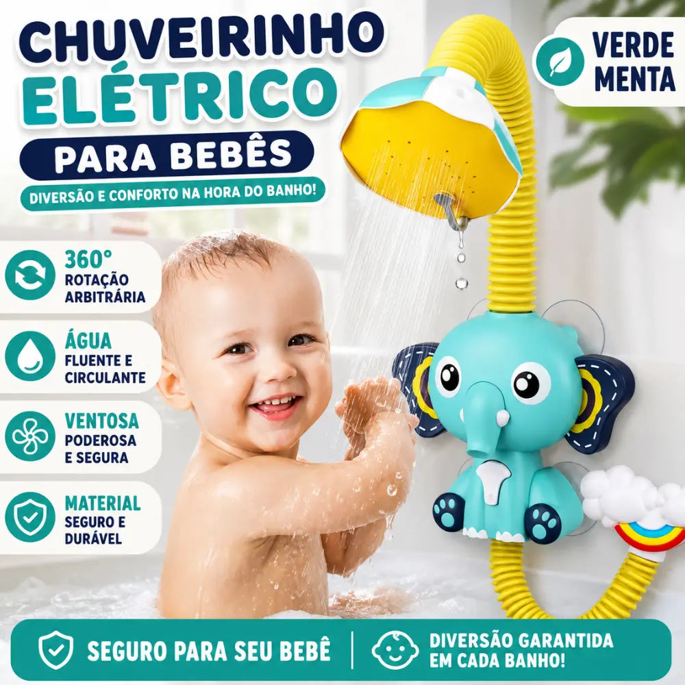 Bebê brincando com o chuveirinho AquaElefante durante o banho na banheira