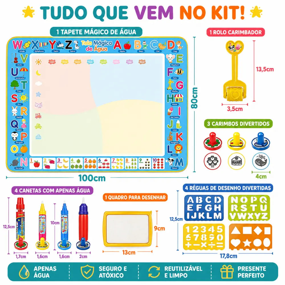 Conteúdo do AquaMagic Kids com tapete de desenho, canetas, carimbos, moldes e acessórios